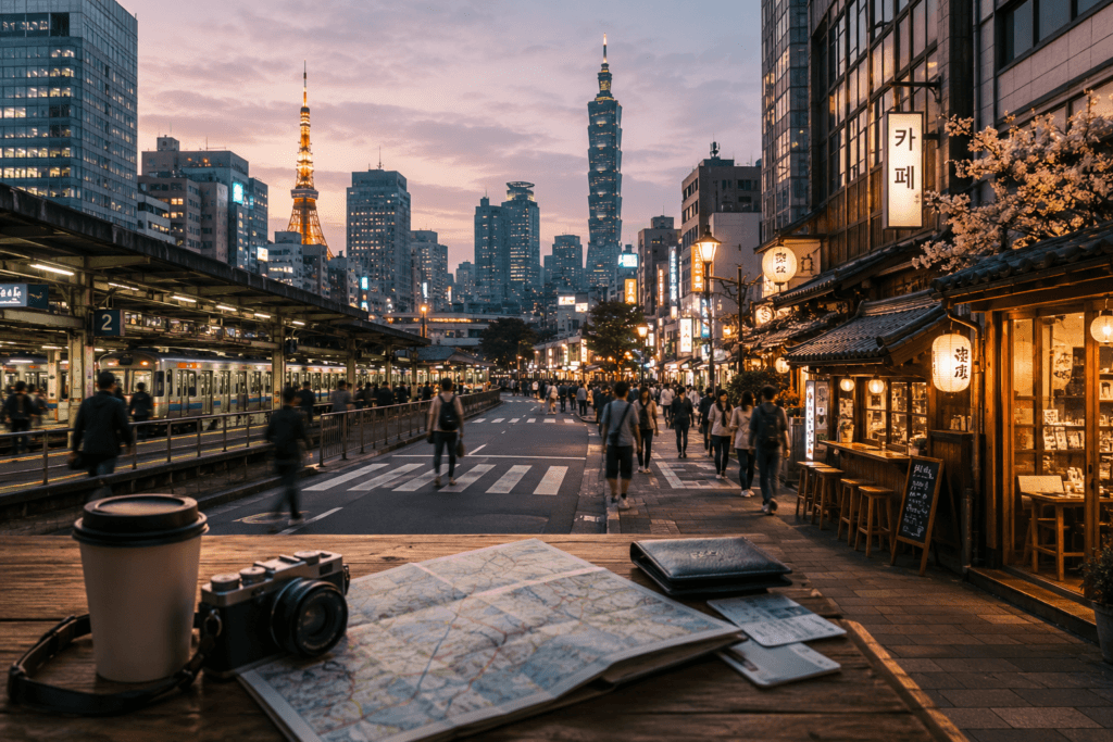 East Asia itinerary city scene representing Japan, South Korea and Taiwan with train station, skyline, cafes and evening street lights