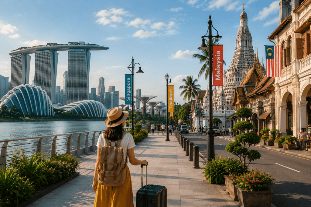 Beginner-friendly Asia travel route scene with tropical city walkway, luggage, skyline, greenery and Southeast Asian architecture