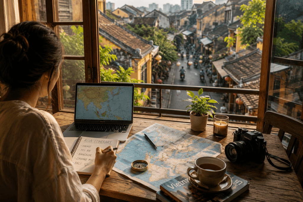 Slow travel Asia itinerary planning scene with notebook, laptop, map, tea and an Asian city street view from a window