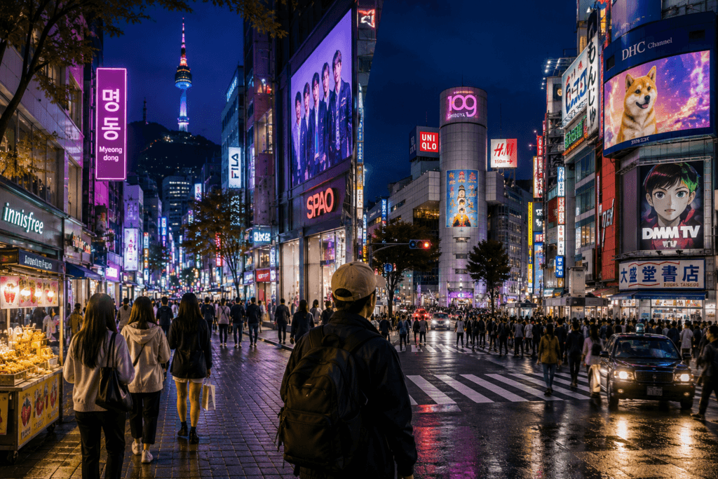 South Korea and Japan pop culture itinerary scene with neon streets, shopping areas, city lights and busy nightlife