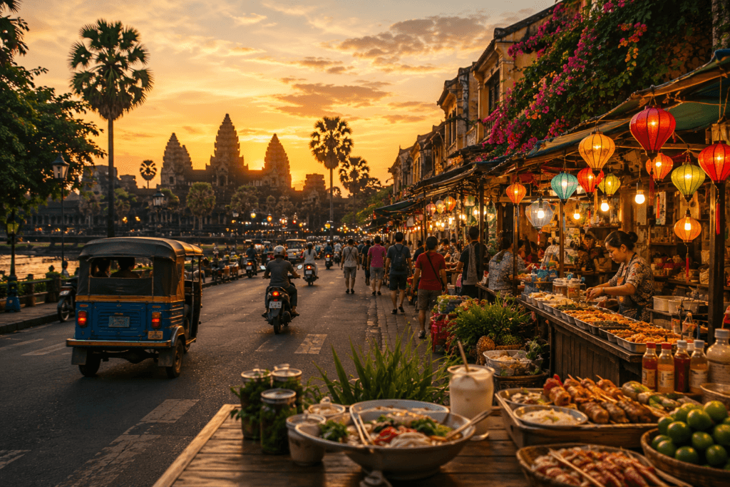 Southeast Asia itinerary scene with night market, street food, scooters, lanterns and temple silhouettes at sunset