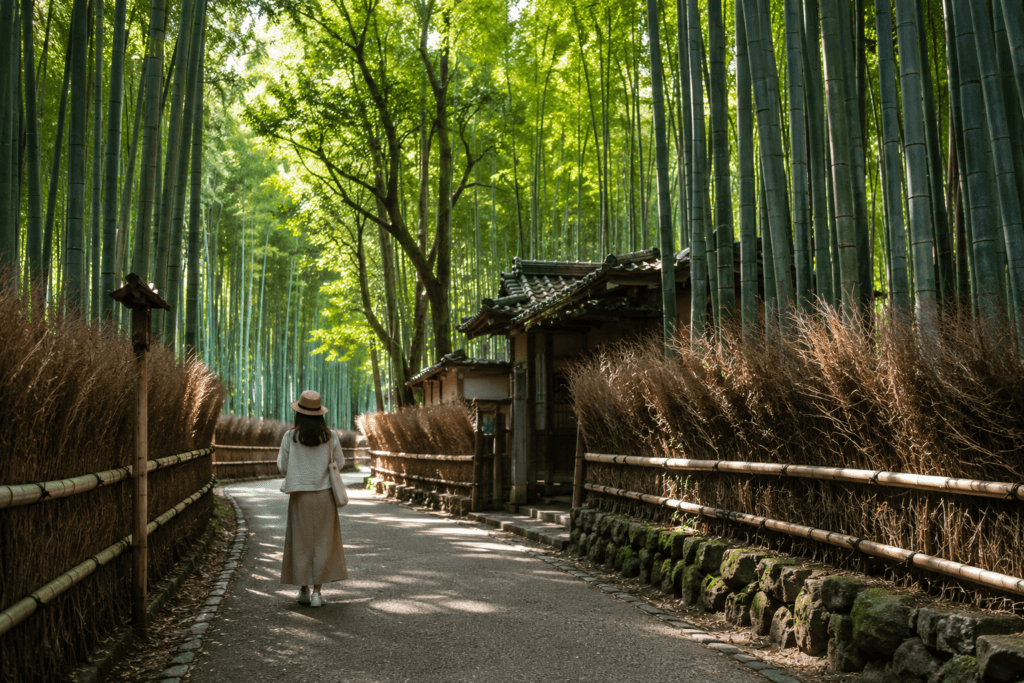 Arashiyama bamboo grove path in Kyoto with tall bamboo, soft sunlight, traditional building and a traveler walking quietly