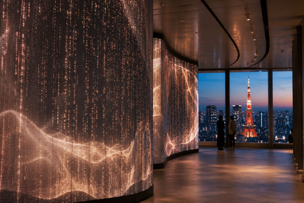 Modern Tokyo digital art gallery with glowing light installation, city view and Tokyo Tower at dusk