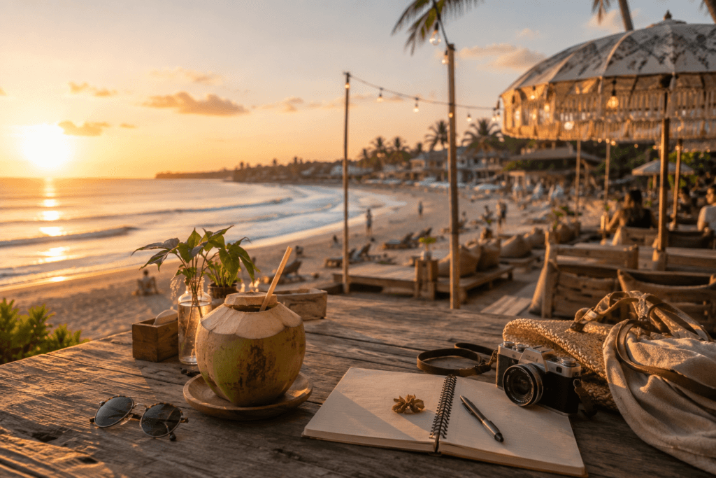 Bali beachside cafe at sunset with coconut drink, notebook, camera, sunglasses, ocean view and relaxed coastal atmosphere