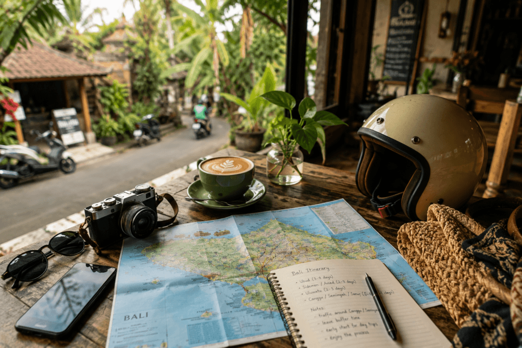 Bali travel planning cafe table with island map, notebook, coffee, camera, sunglasses, scooter helmet and tropical street view