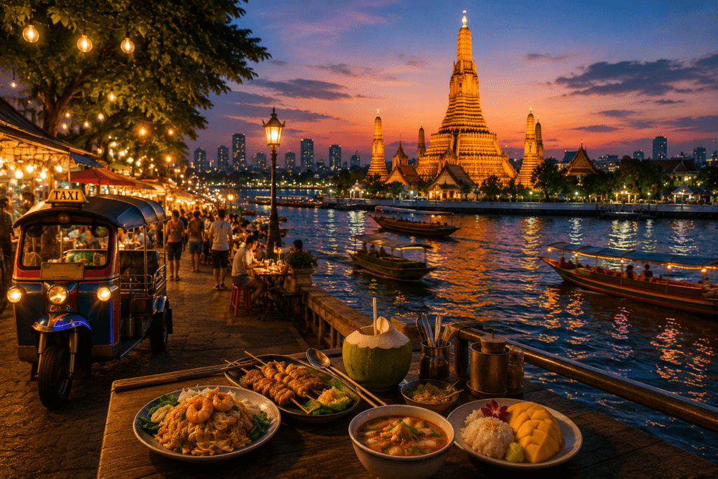 Bangkok riverside night market with Thai street food, tuk-tuk, illuminated temple, boats, skyline and sunset lights
