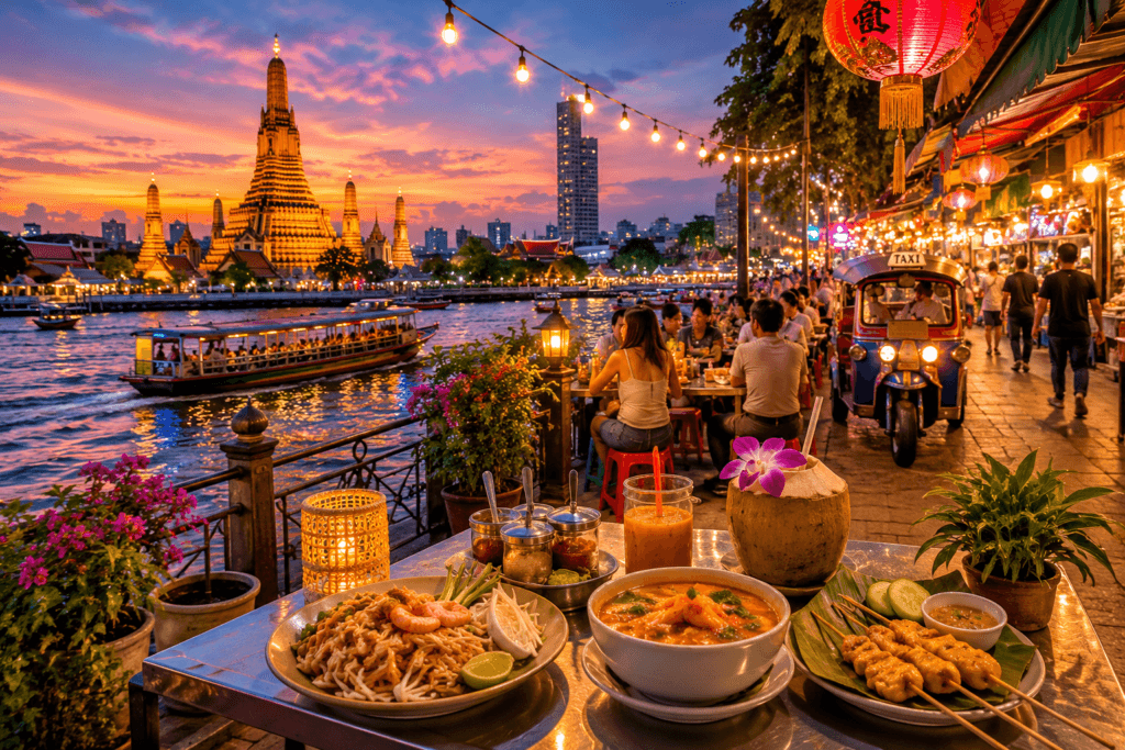 Bangkok riverside night market with illuminated temple, tuk-tuk, lanterns, street food, river boats and sunset sky