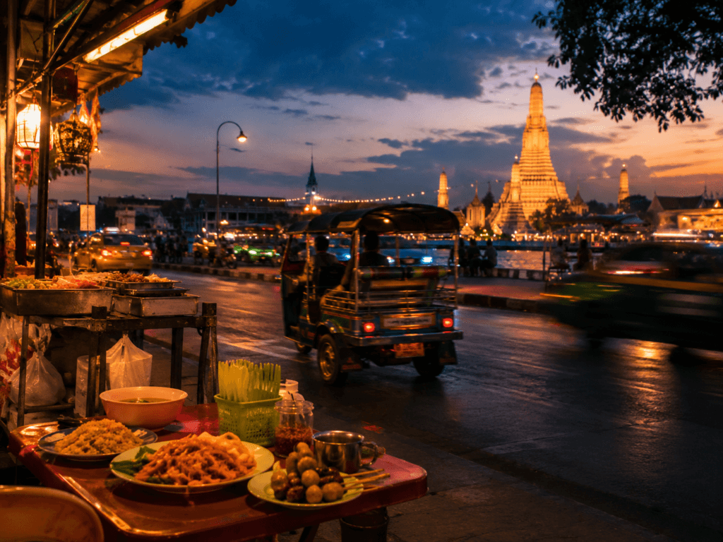 Bangkok riverside evening scene with illuminated temple, tuk-tuk, street food table, river traffic and warm city lights