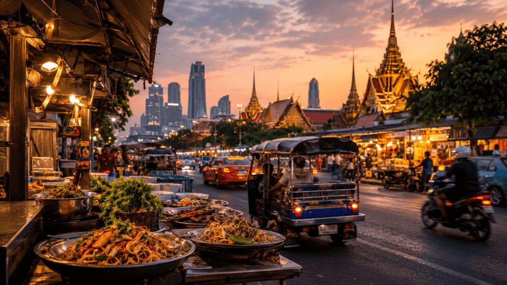 Bangkok street food scene at sunset with temple rooftops, tuk-tuk, traffic, market stalls and warm city lights