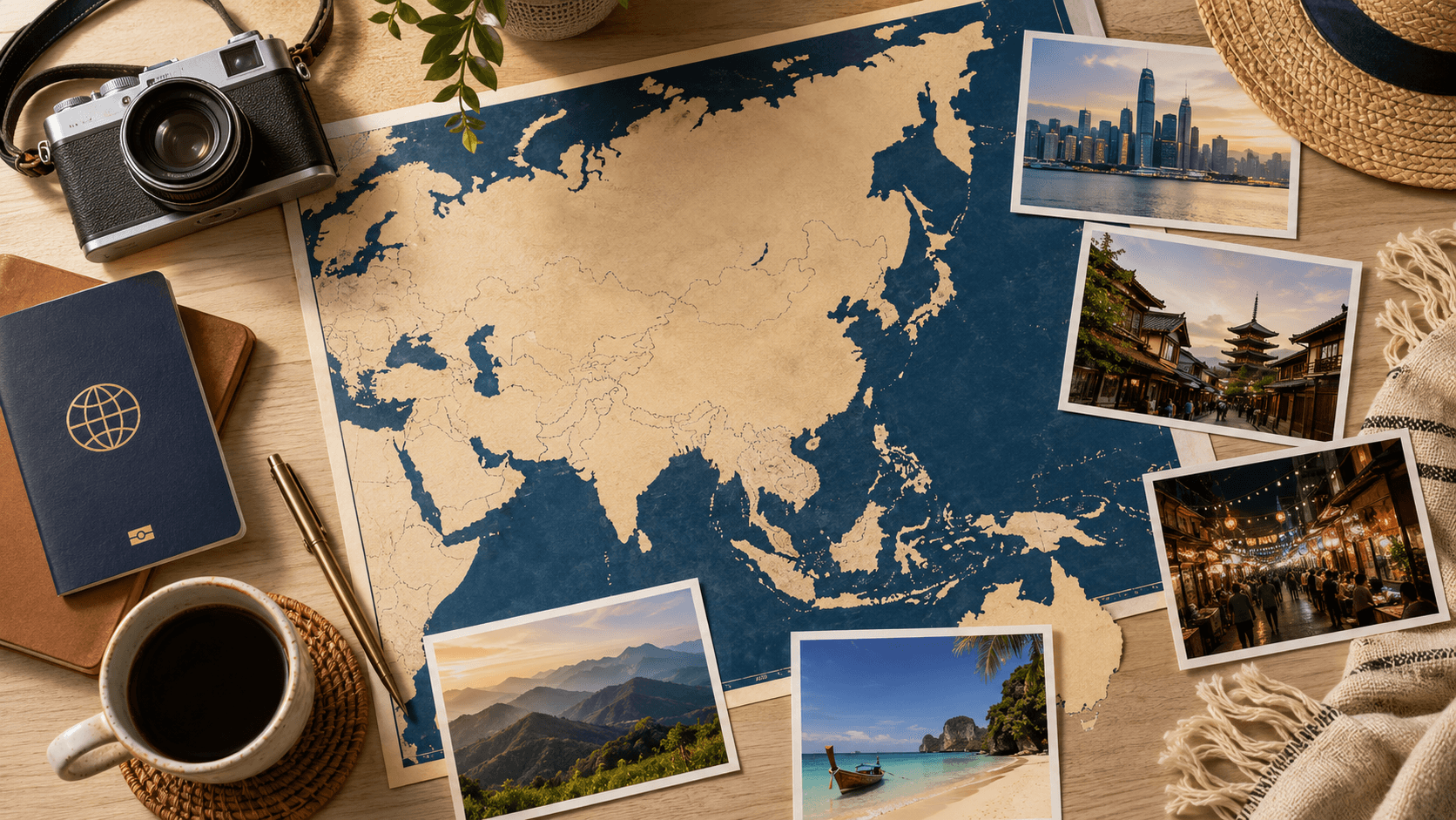 Asia travel planning map with passport, camera, coffee and photo prints showing cities, temples, markets, beaches and mountain scenery