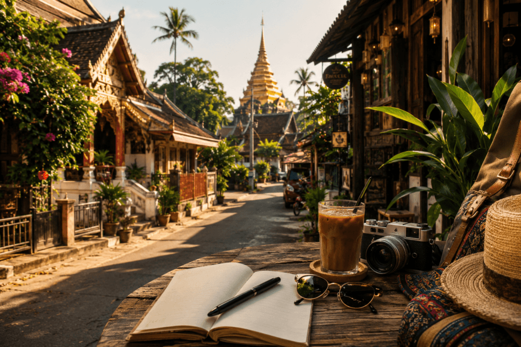 Chiang Mai quiet tropical street with temple, cafe table, iced coffee, notebook, camera and warm morning light