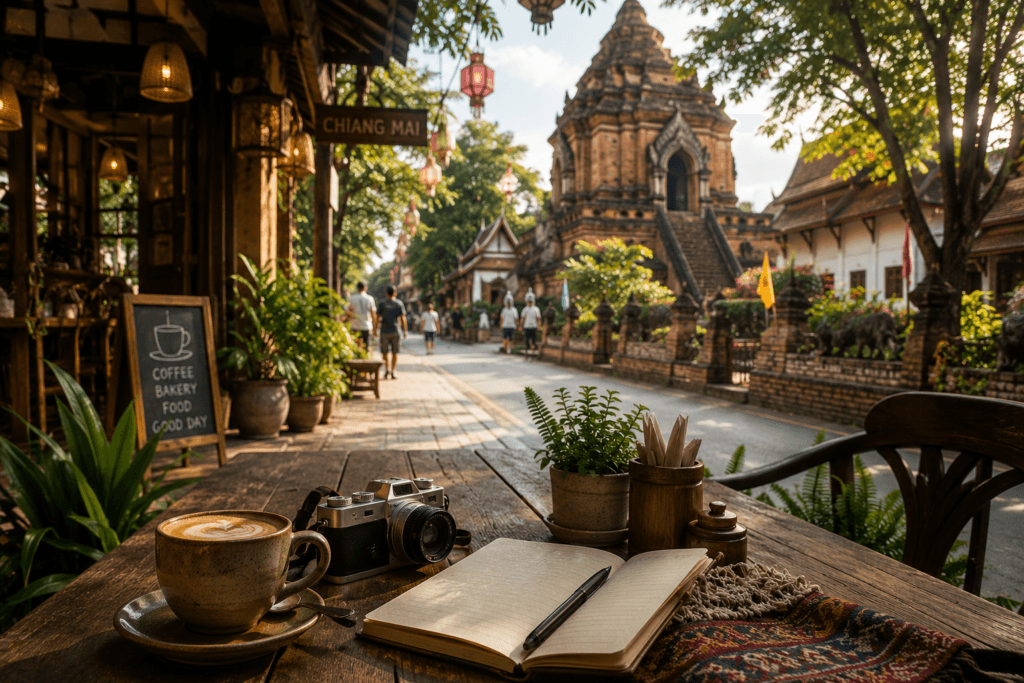 Chiang Mai temple street cafe with coffee, notebook, camera, tropical plants and warm afternoon light