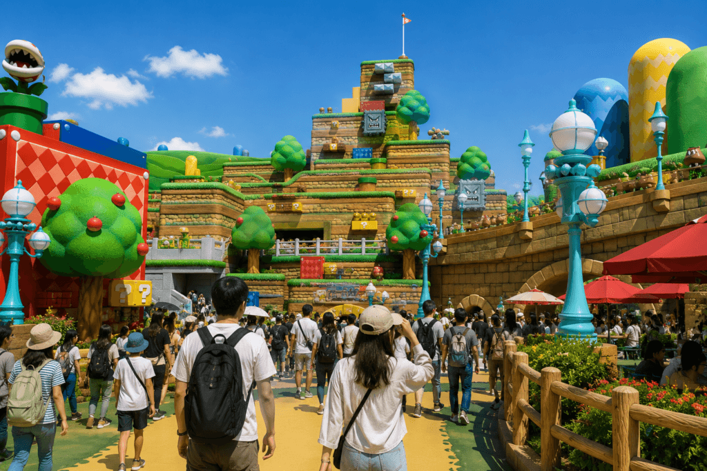 Colorful game-inspired theme park area with blocky buildings, fantasy hills, crowds and bright sunny atmosphere