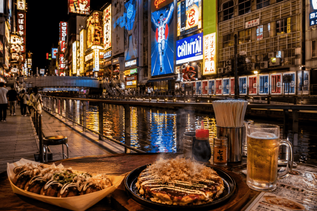 Dotonbori-style Osaka night food scene with canal reflections, takoyaki, okonomiyaki, neon lights and evening crowds
