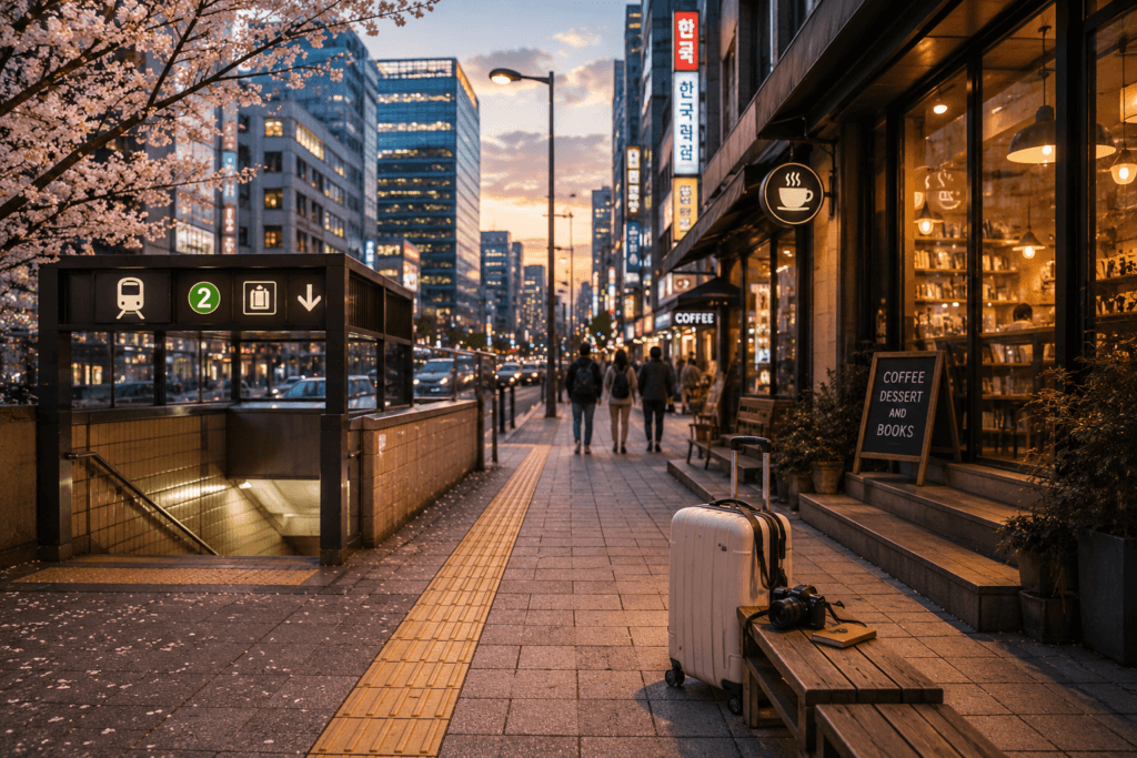 East Asia city travel scene with subway entrance, cafes, cherry blossoms, suitcase and evening city lights