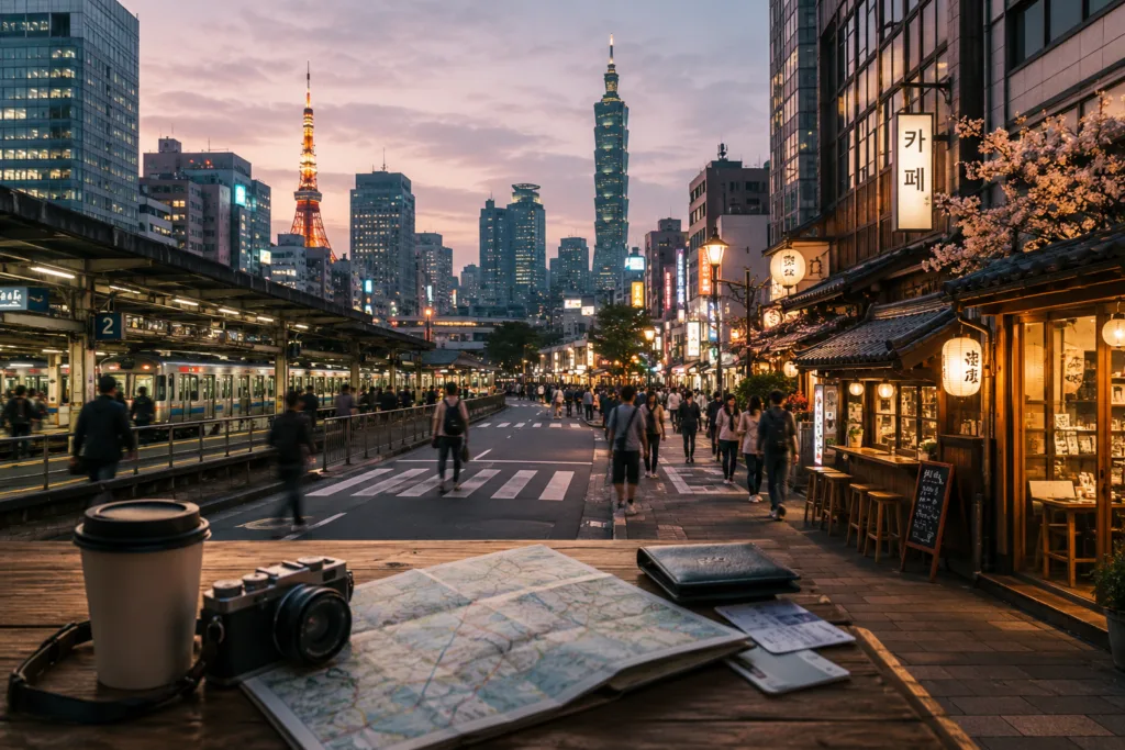 East Asia itinerary city scene representing Japan, South Korea and Taiwan with train station, skyline, cafes and evening street lights