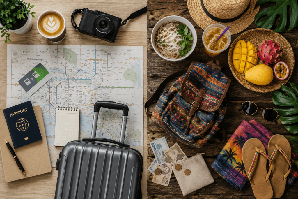 Flat lay comparing organized East Asia city travel items with relaxed Southeast Asia budget travel items