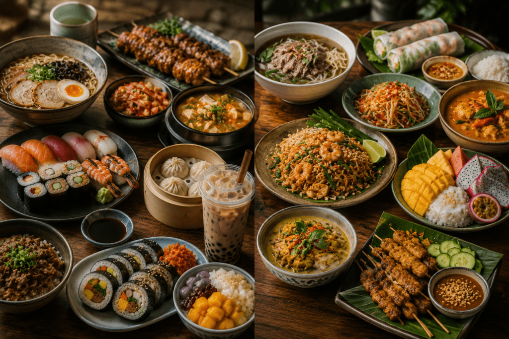 East Asian and Southeast Asian food spread with ramen, sushi, Korean dishes, pho, pad Thai, spring rolls and tropical fruit