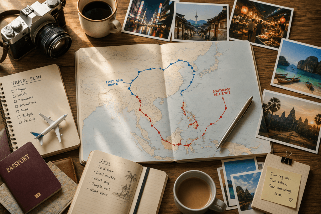 Asia travel planning flat lay with map, passport, camera, coffee, route lines and travel photos for East Asia and Southeast Asia