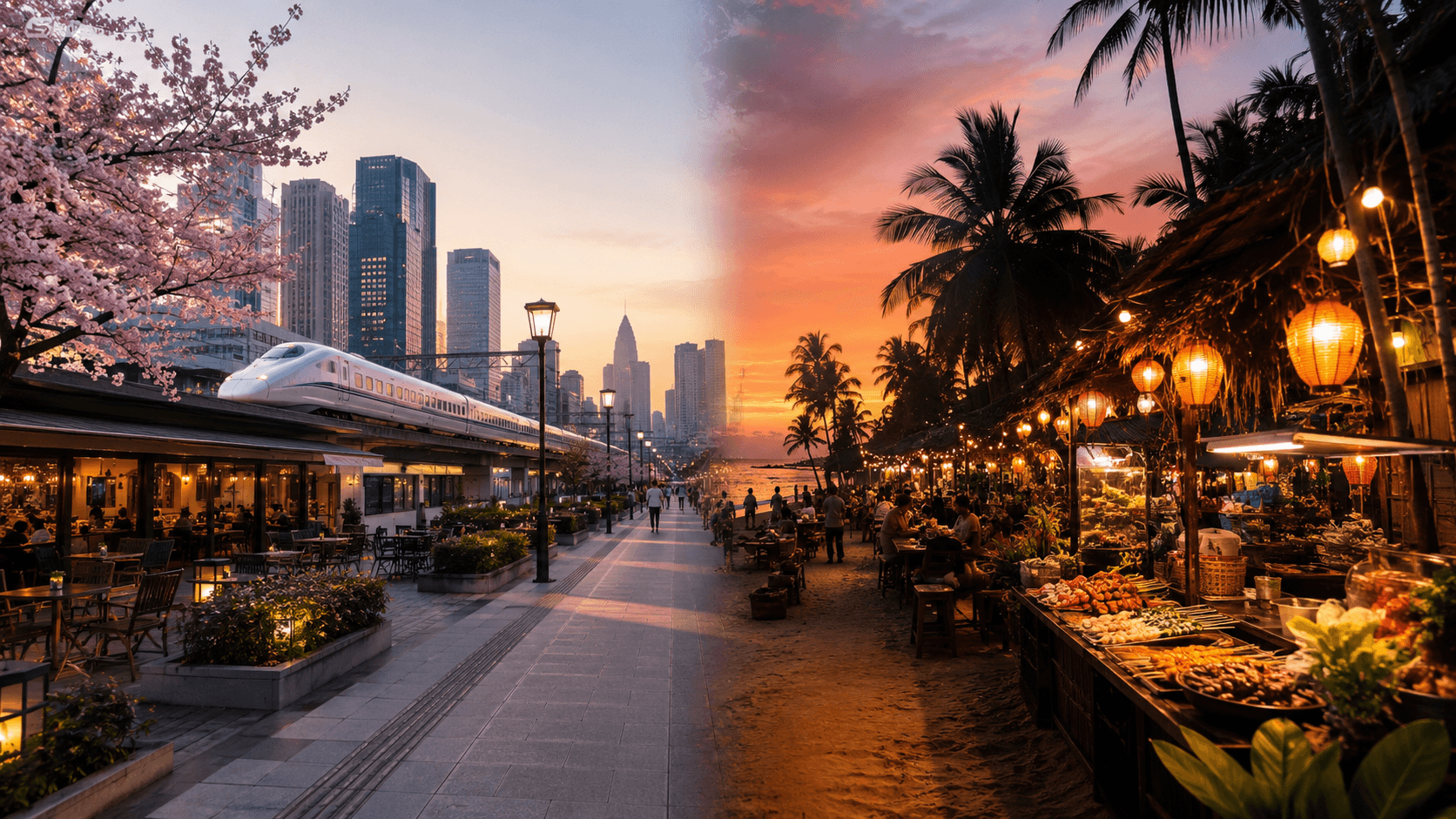Split travel scene comparing East Asia city travel with Southeast Asia tropical market and beach atmosphere