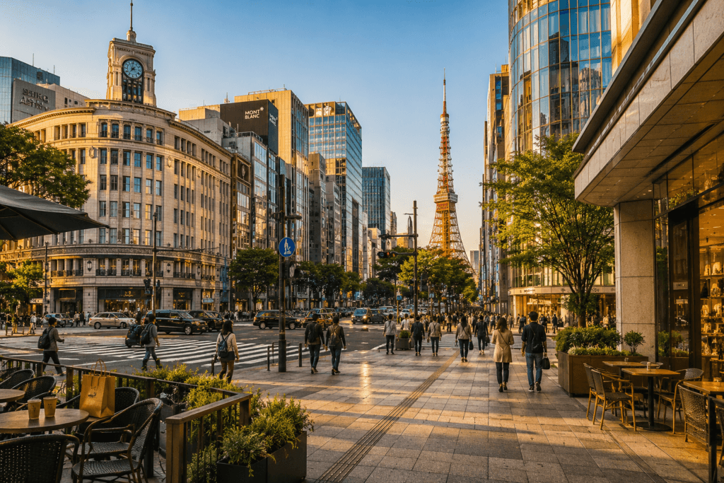 Tokyo golden hour city street with Ginza-style buildings, cafe terrace, pedestrians and Tokyo Tower in the distance