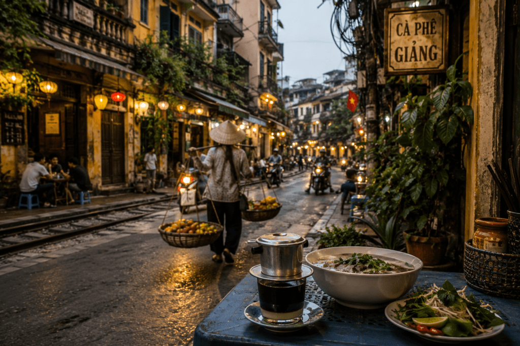 Hanoi Old Quarter street food scene with Vietnamese coffee, pho, lanterns, scooters, sidewalk tables and evening lights