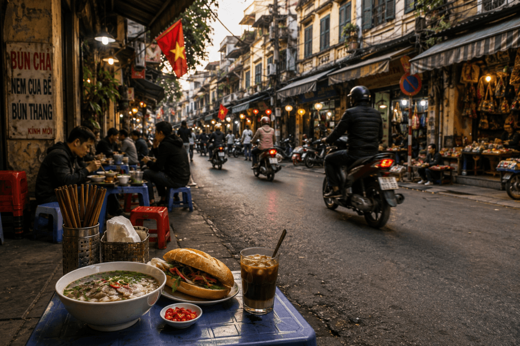 Hanoi Old Quarter street food scene with pho, banh mi, Vietnamese coffee, motorbikes, old buildings and small sidewalk stools