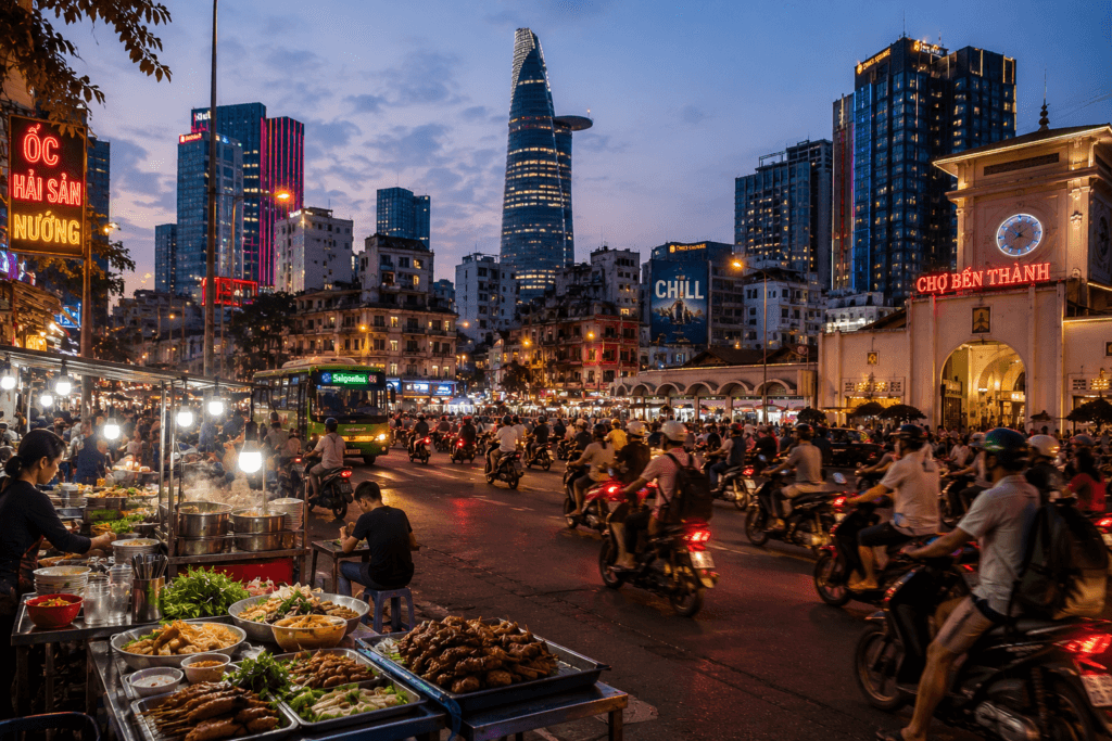 Ho Chi Minh City evening street scene with motorbike traffic, street food stalls, modern skyline, market lights and busy urban energy