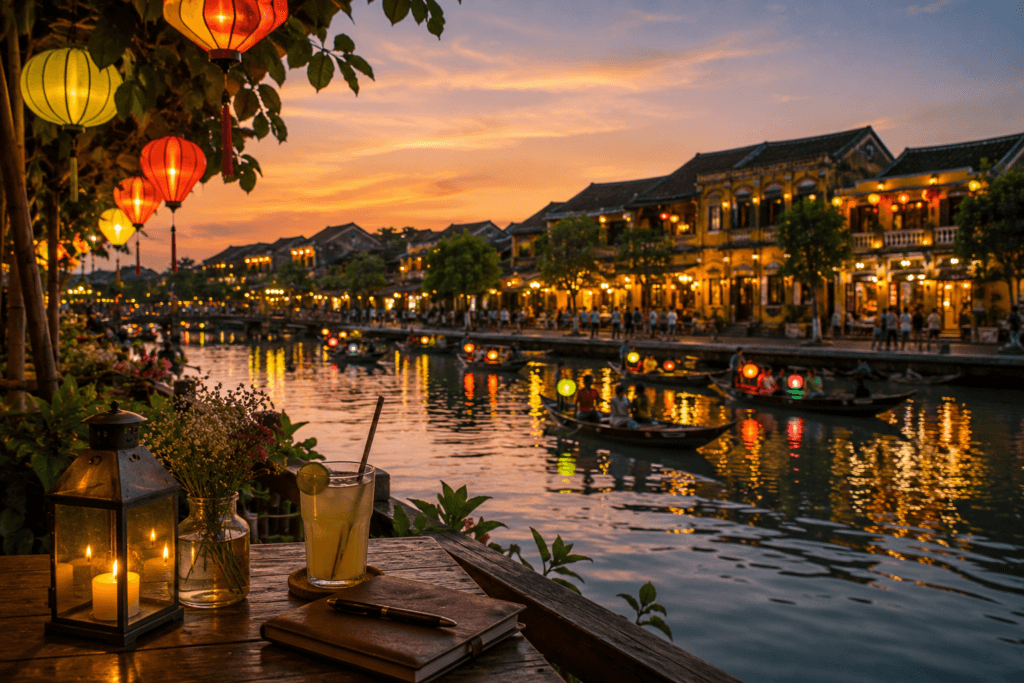 Hoi An lantern riverside evening scene with boats, historic buildings, glowing reflections, cafe table and sunset sky