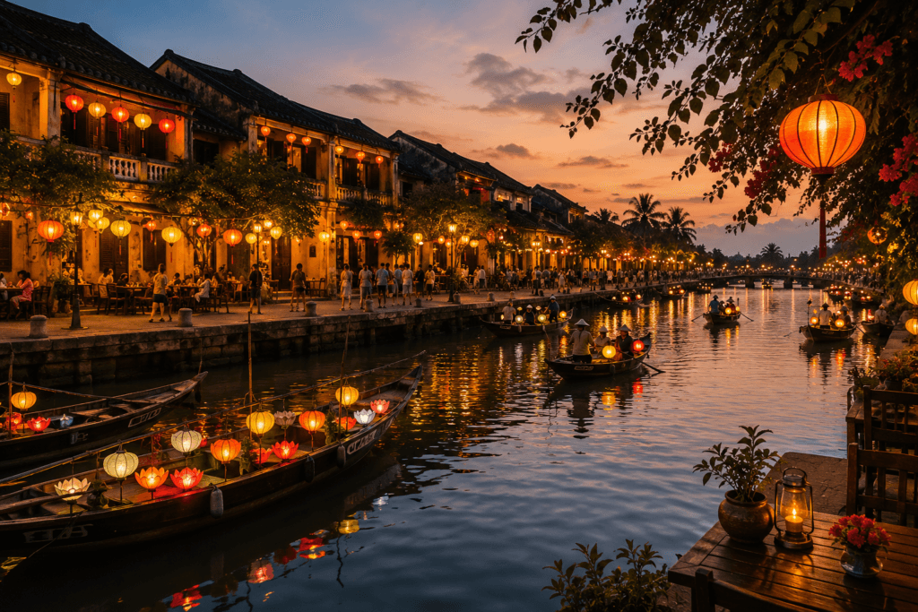 Hoi An riverside at evening with glowing lanterns, wooden boats, yellow old town buildings, cafes and canal reflections