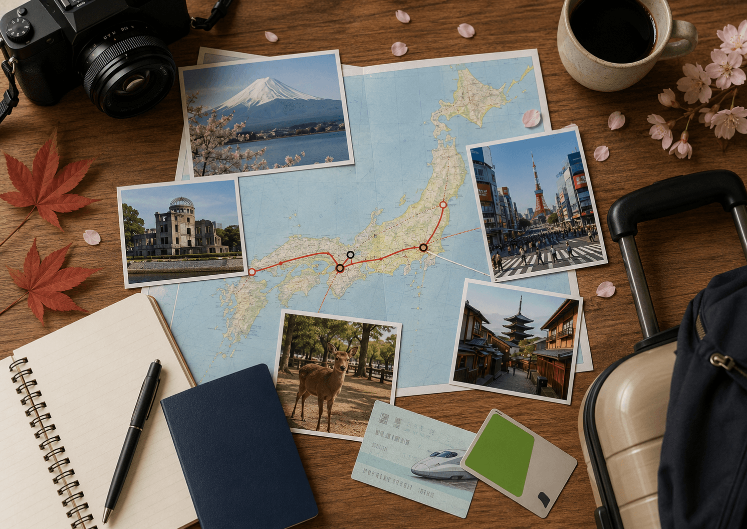 Japan itinerary planning flat lay with route map, camera, coffee, passport, suitcase, Mount Fuji photo, Kyoto street photo and Shinkansen ticket