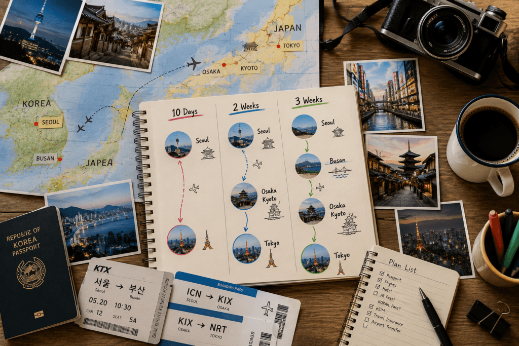 Japan and Korea itinerary planning flat lay comparing 10-day, 2-week and 3-week routes with map, notebook, passport, tickets and travel photos
