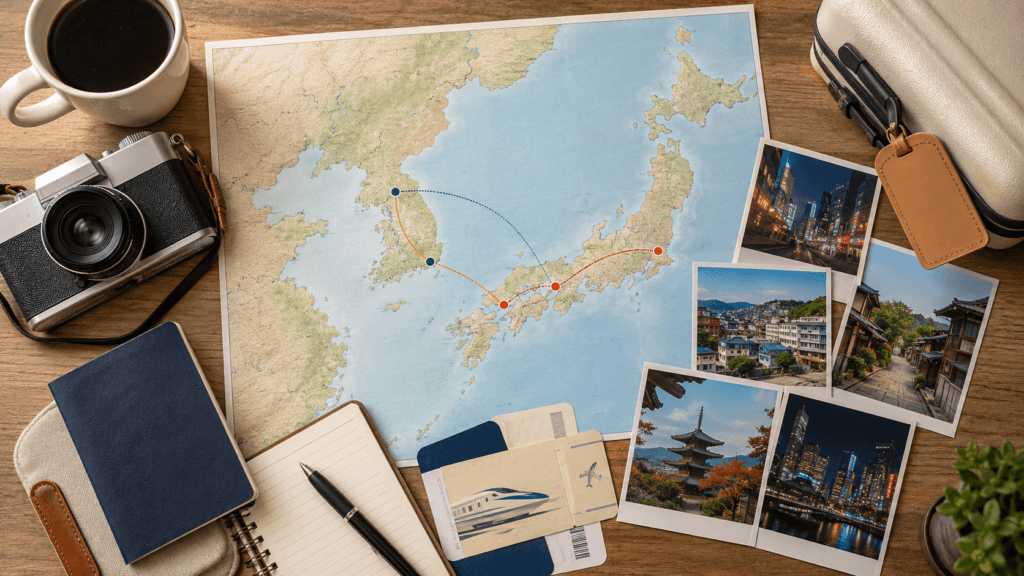 Japan and Korea itinerary planning map with route lines, passport, camera, coffee, suitcase and travel photos
