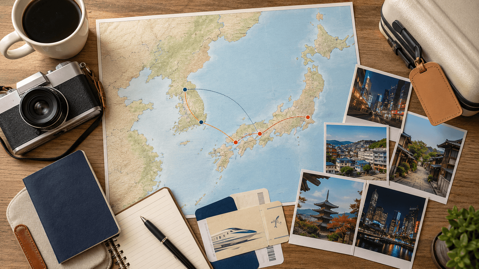 Japan and Korea itinerary planning map with route lines, passport, camera, coffee, suitcase and travel photos