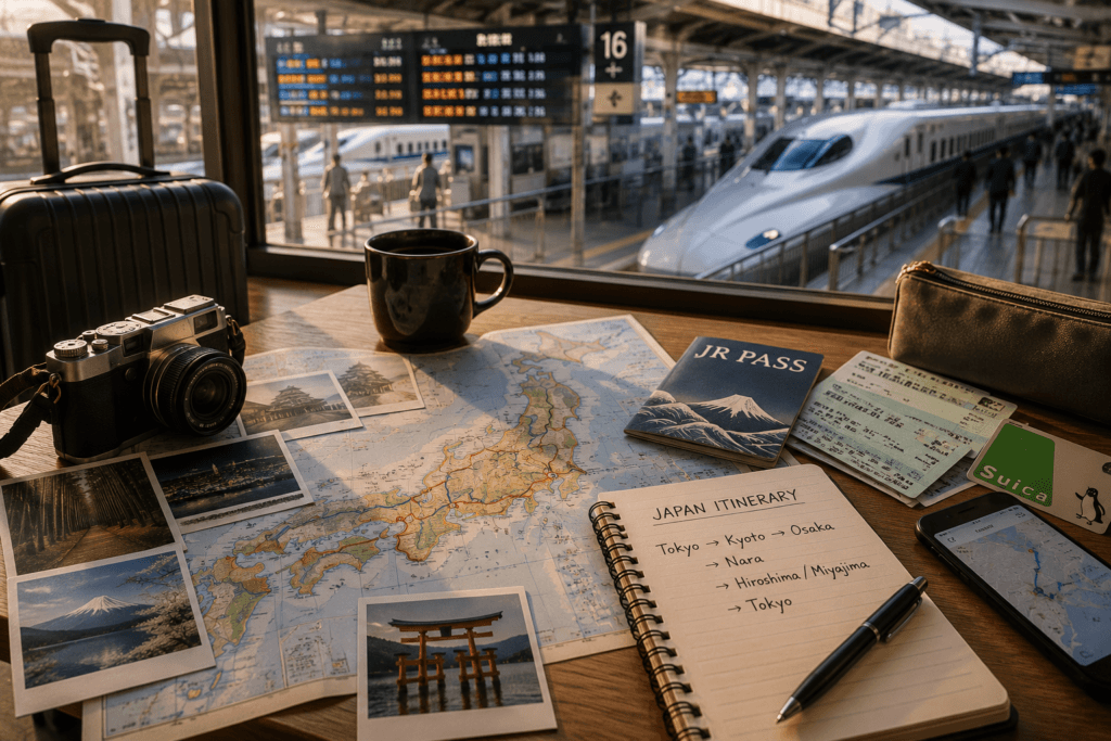Japan Shinkansen route planning scene with train station view, suitcase, camera, coffee, map, tickets, IC card and travel notebook