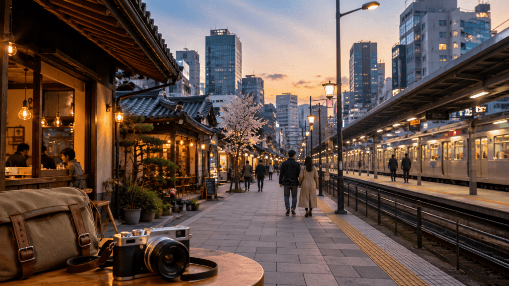Modern East Asian city street with train platform, cafes, traditional architecture and evening lights representing Japan and South Korea travel