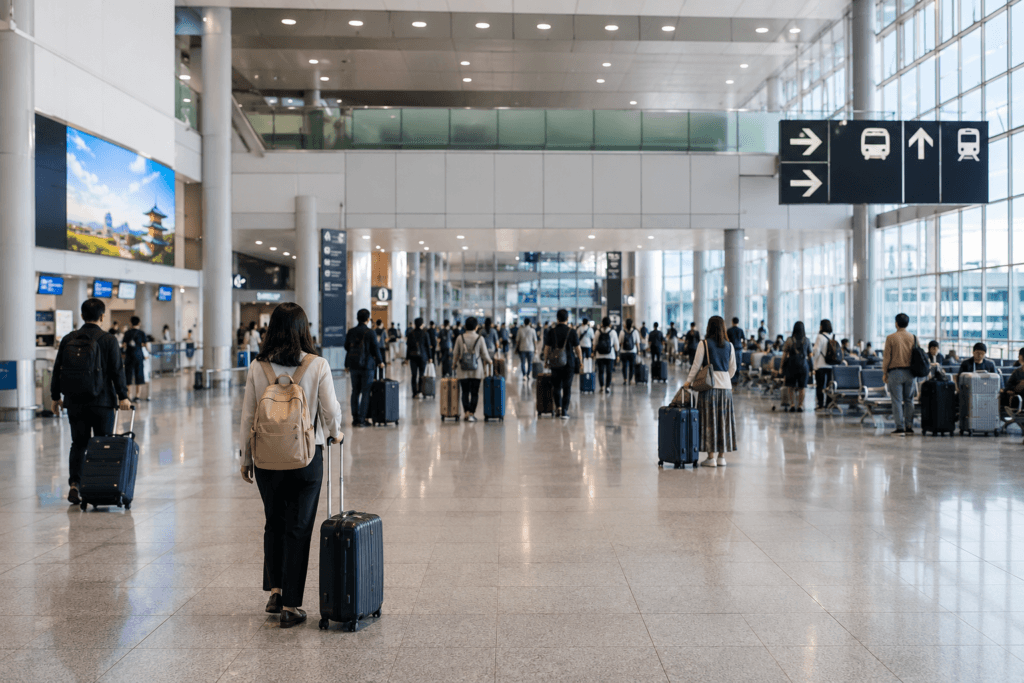 Modern Kansai Airport-style arrival hall with travelers walking through a bright terminal while pulling luggage