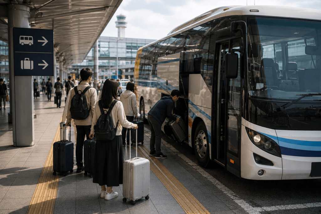 Airport limousine bus at a modern terminal curb with travelers waiting and luggage being loaded