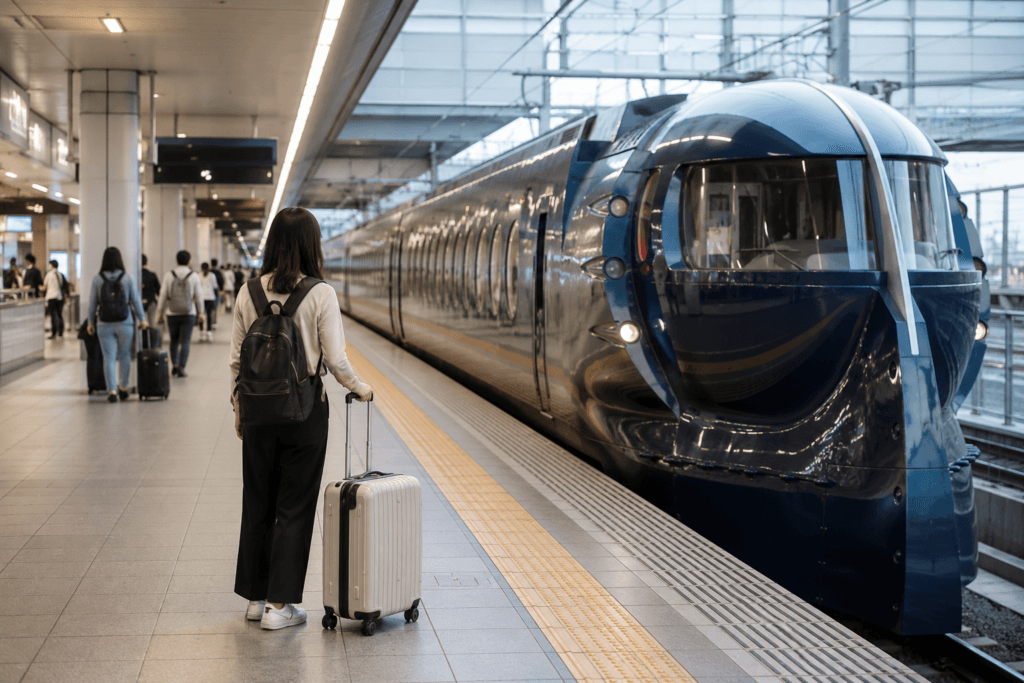 Traveler with suitcase waiting beside a sleek airport train on a modern Japanese station platform