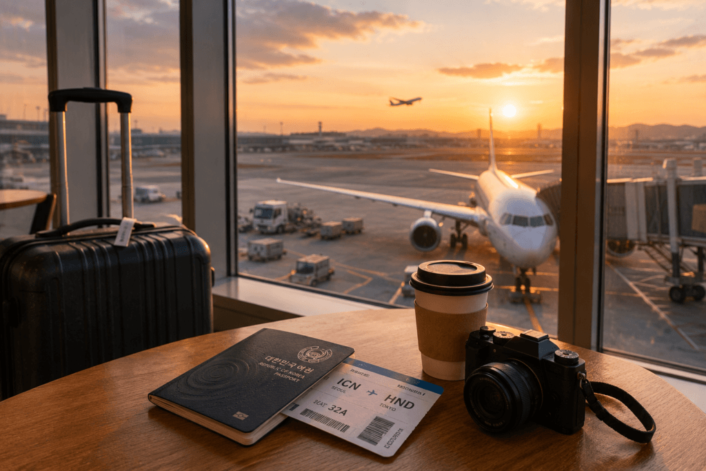 Airport terminal scene at sunset with airplane, suitcase, coffee, passport, boarding pass and camera for travel from Korea to Japan