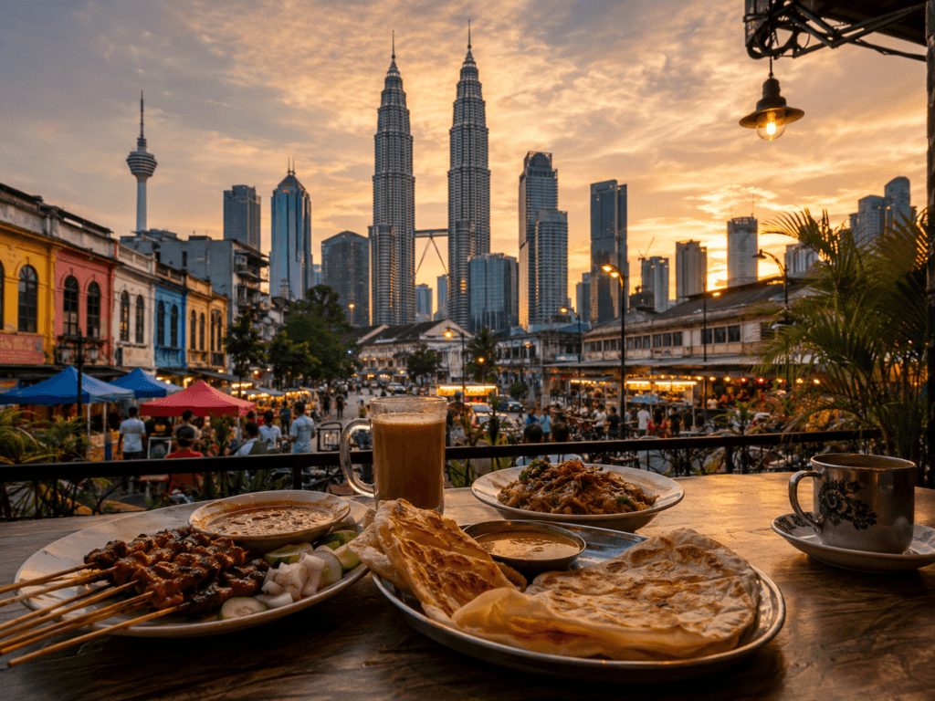 Kuala Lumpur skyline at sunset with Petronas Towers, street food table, roti, satay, noodles and local drinks