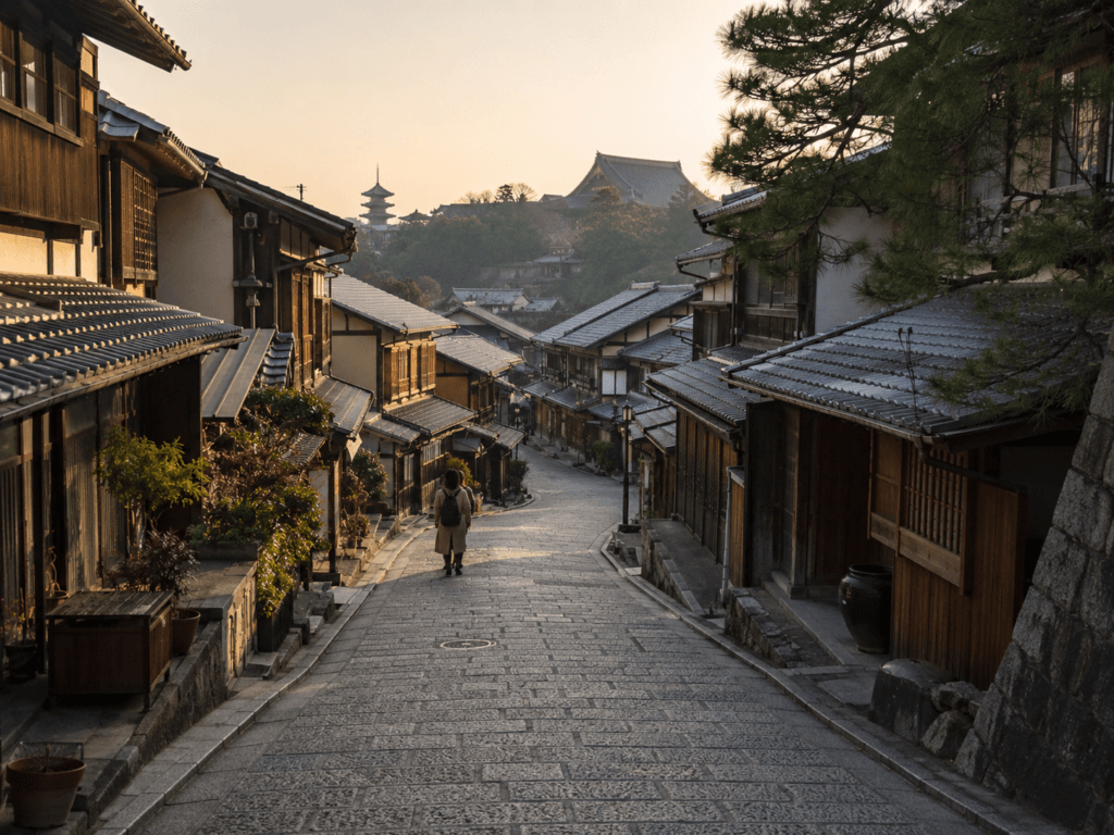 Kyoto Higashiyama old stone street with traditional wooden houses, temple rooftops, soft morning light and a quiet traveler walking alone