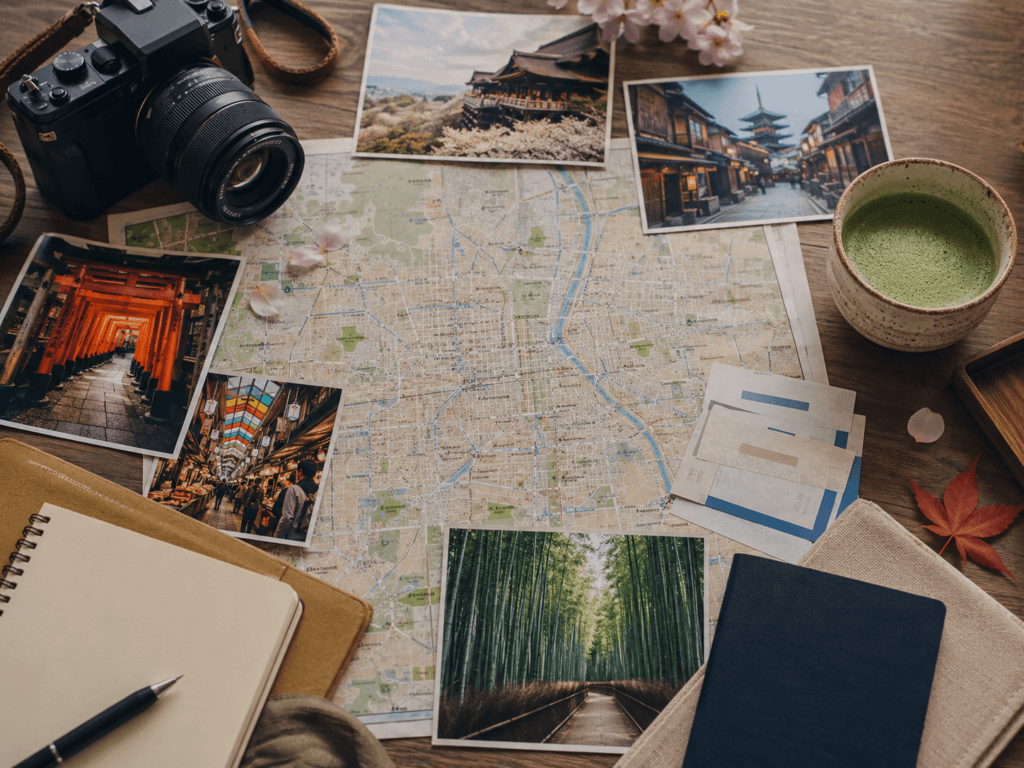 Kyoto itinerary planning flat lay with map, camera, matcha, notebook, tickets and photos of Kiyomizu-dera, Fushimi Inari, Gion and Arashiyama