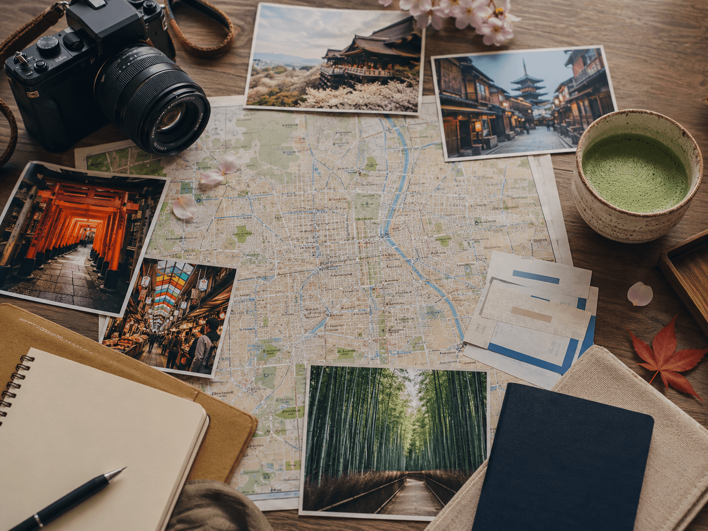 Kyoto itinerary planning flat lay with map, camera, matcha, notebook, tickets and photos of Kiyomizu-dera, Fushimi Inari, Gion and Arashiyama