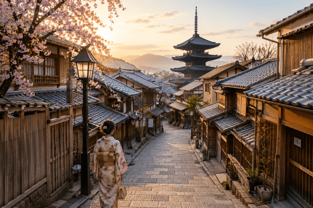 Kyoto old street with traditional wooden buildings, cherry blossoms, pagoda, stone path and warm morning light