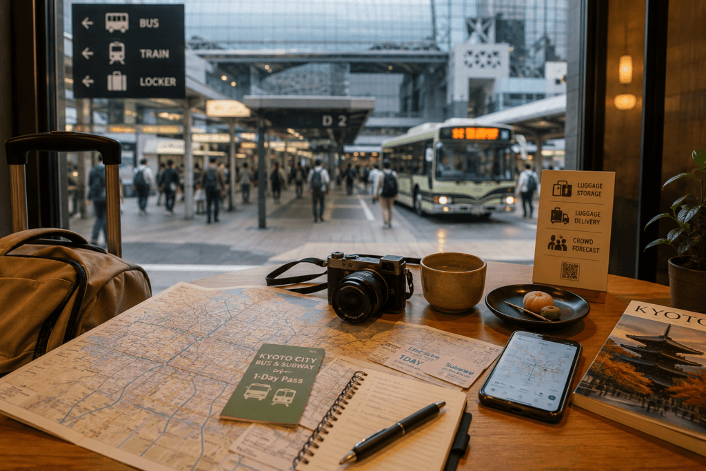 Kyoto travel planning cafe scene with map, suitcase, camera, matcha, notebook, bus station view and luggage planning items