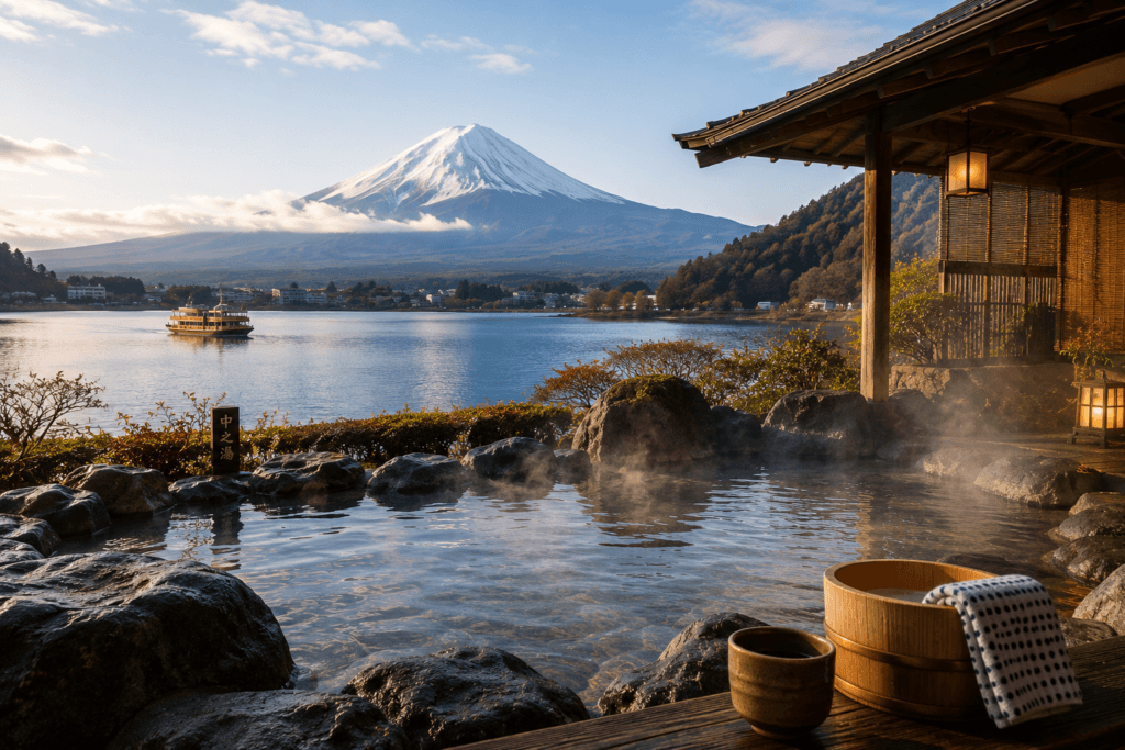 Mount Fuji lake view with traditional onsen, hot spring steam, wooden ryokan building, boat and peaceful morning light