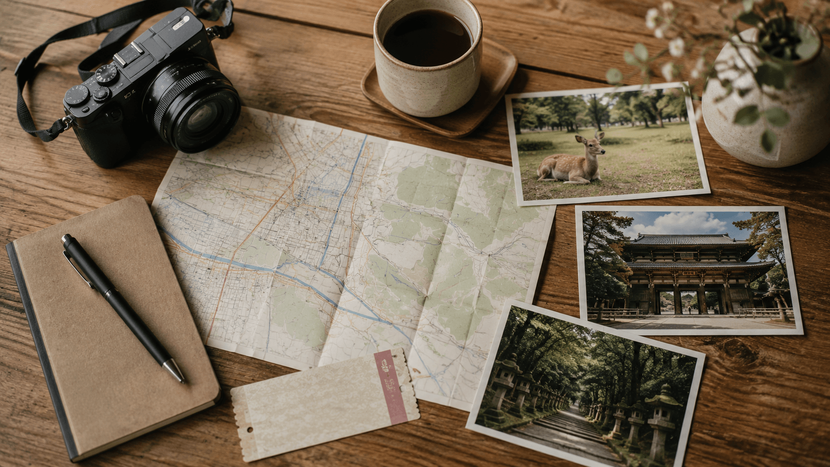 Nara day trip planning flat lay with map, camera, coffee, notebook, train ticket and travel photos of deer, temple gate and forest shrine path
