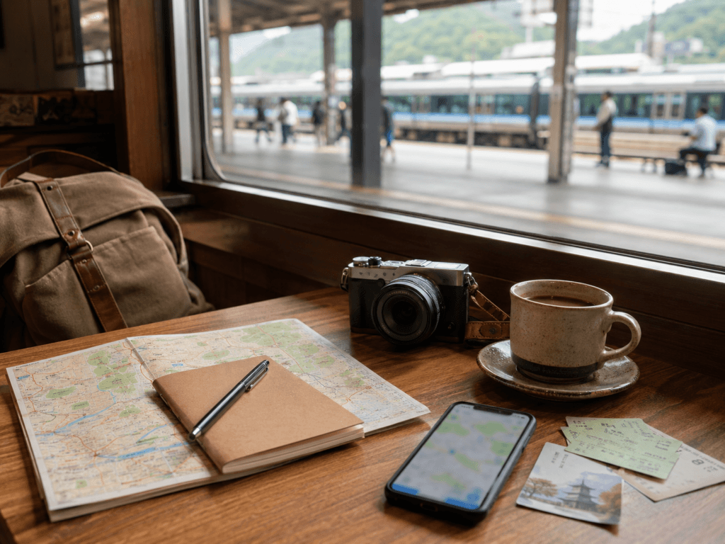 Nara day trip train route planning scene with map, camera, coffee, notebook, train tickets, smartphone and blurred train station outside