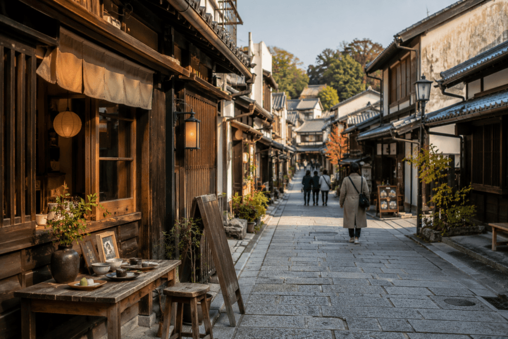Traditional Naramachi-style street in Nara with wooden buildings, small cafe table, warm afternoon light and travelers walking quietly